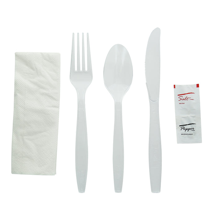 Kit 6/1 cubiertos: Cuchillo, tenedor, cuchara, servilleta, sal y pimienta 192x50mm - 250Uds