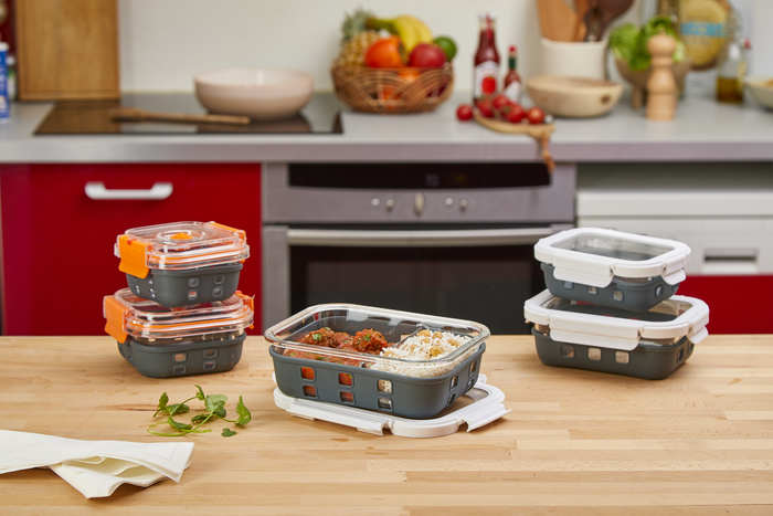 Fiambrera COOK SHOW de vidrio borosilicato con tapa transparente y funda de silicona 370ml 145x105mm A47mm - 24Uds