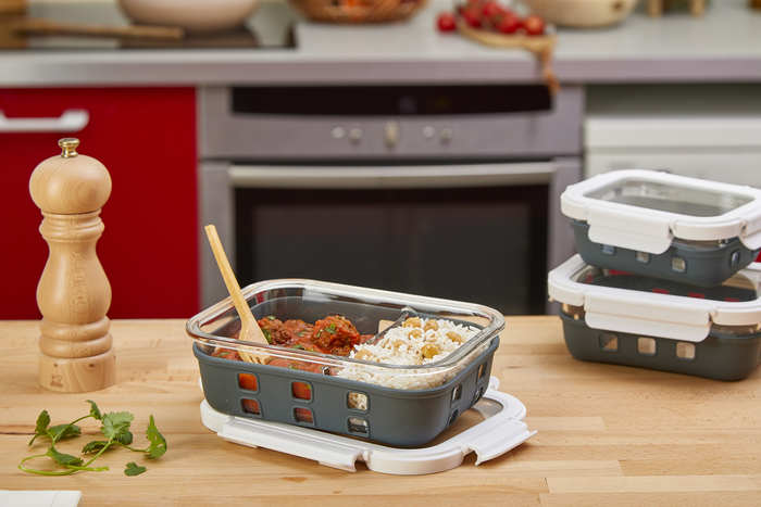 Fiambrera COOK SHOW de vidrio borosilicato con tapa transparente y funda de silicona 660ml 170x125mm A53mm - 24Uds