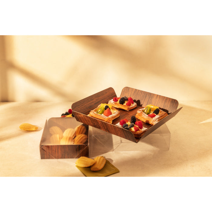 Bandeja rectangular de cartón gobrado decoración efecto madera a doble cara+tapa PET 152,4x203,2mm A50,8mm - 50Uds