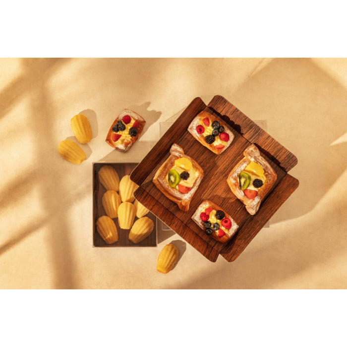 Bandeja rectangular de cartón gobrado decoración efecto madera a doble cara+tapa PET 152,4x203,2mm A50,8mm - 50Uds