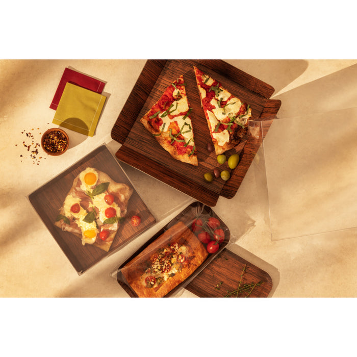 Bandeja rectangular de cartón gobrado decoración efecto madera a doble cara+tapa PET 152,4x203,2mm A50,8mm - 50Uds