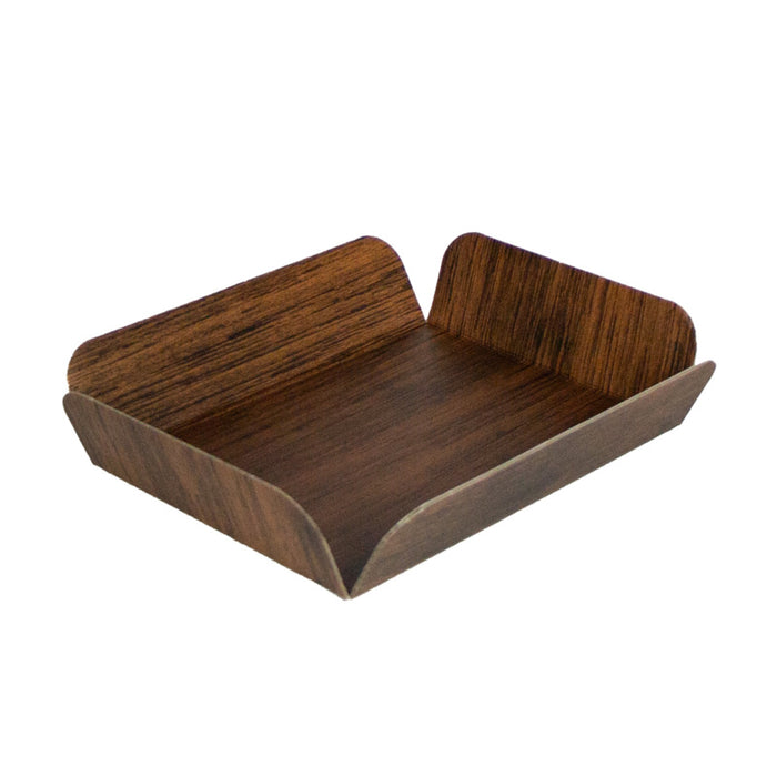 Bandeja rectangular de cartón gobrado decoración efecto madera a doble cara+tapa PET 152,4x203,2mm A50,8mm - 50Uds