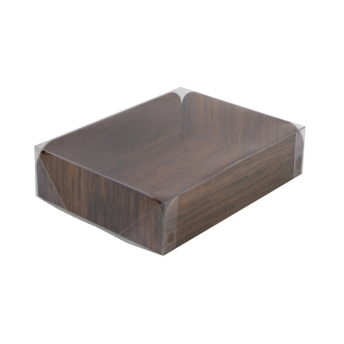Bandeja rectangular de cartón gobrado decoración efecto madera a doble cara+tapa PET 152,4x203,2mm A50,8mm - 50Uds
