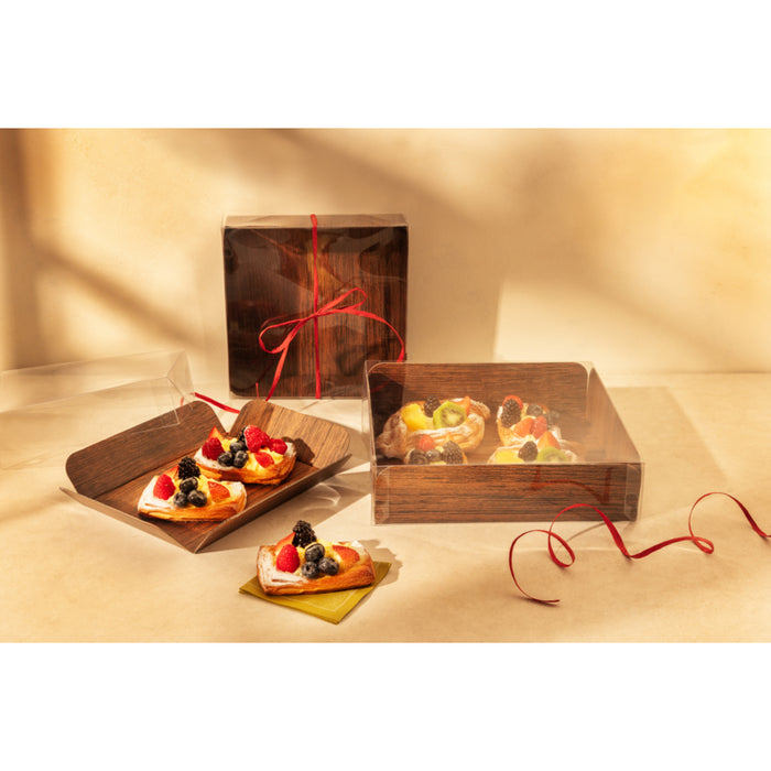 Bandeja cuadrada de cartón gofrado decoración efecto madera a doble cara+tapa PET 254x254mm A63,5mm - 50Uds