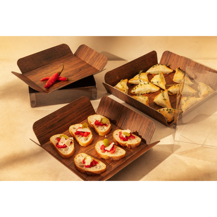 Bandeja cuadrada de cartón gofrado decoración efecto madera a doble cara+tapa PET 254x254mm A63,5mm - 50Uds