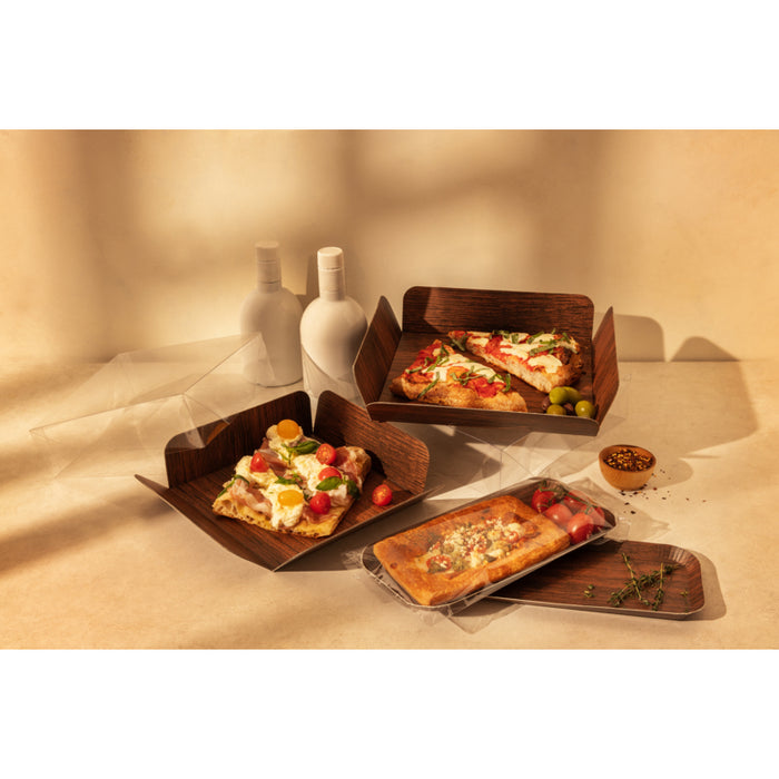Bandeja cuadrada de cartón gofrado decoración efecto madera a doble cara+tapa PET 254x254mm A63,5mm - 50Uds