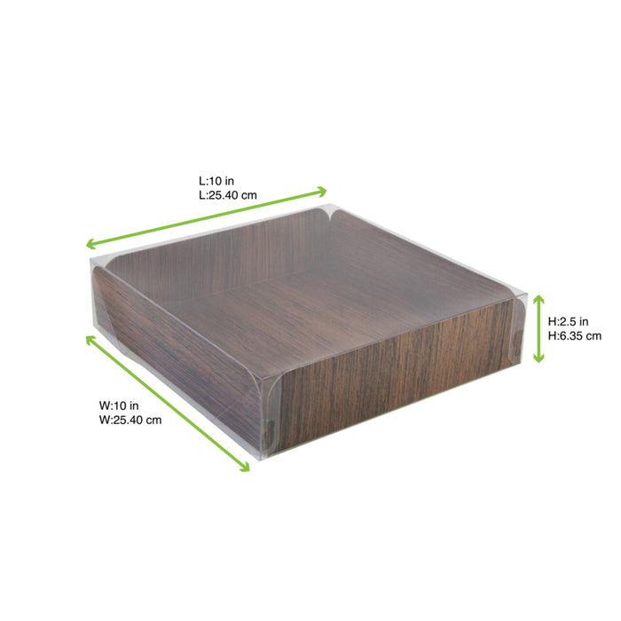 Bandeja cuadrada de cartón gofrado decoración efecto madera a doble cara+tapa PET 254x254mm A63,5mm - 50Uds