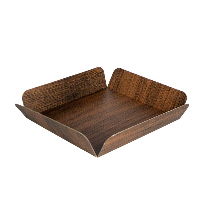 Bandeja cuadrada de cartón gofrado decoración efecto madera a doble cara+tapa PET 254x254mm A63,5mm - 50Uds