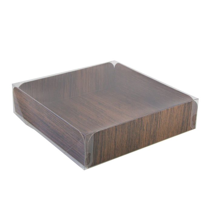 Bandeja cuadrada de cartón gofrado decoración efecto madera a doble cara+tapa PET 254x254mm A63,5mm - 50Uds
