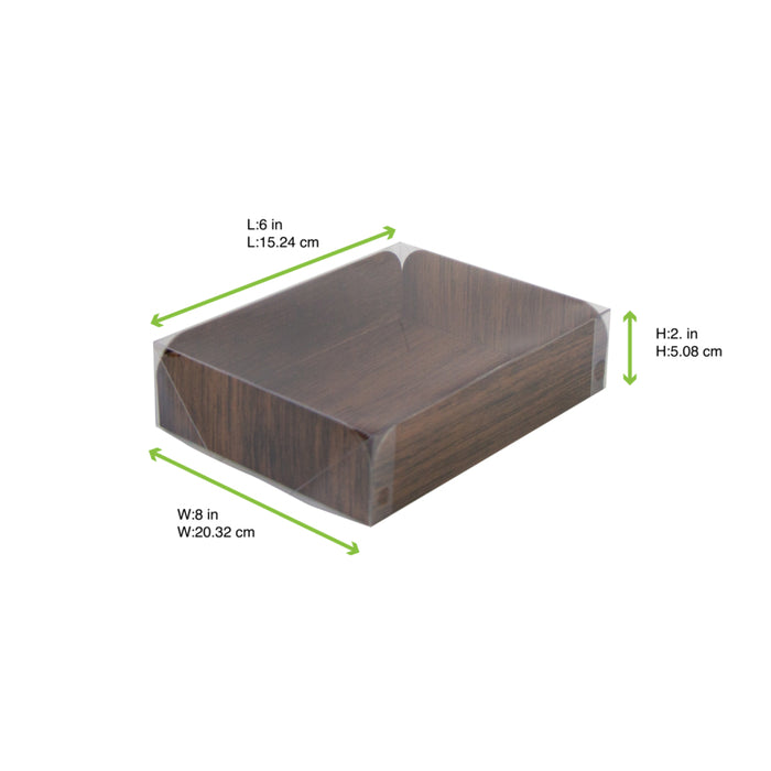 Bandeja rectangular de cartón gobrado decoración efecto madera a doble cara+tapa PET 152,4x203,2mm A50,8mm - 50Uds