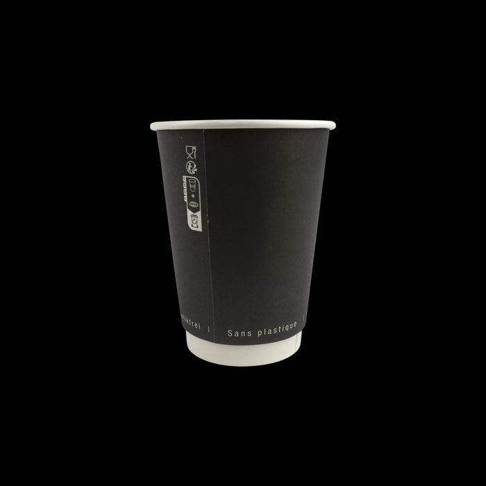 Vaso de cartón negro de doble pared sin plástico, Base agua 350ml A110mm - 25Uds