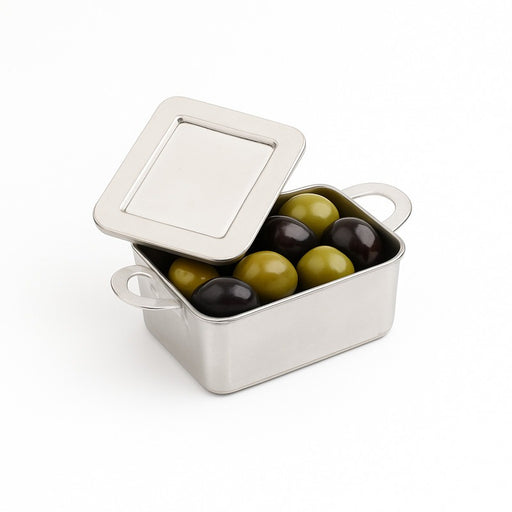 Mini cazuela rectangular plateada con tapa en PS 95x53mm A35mm - 24Uds