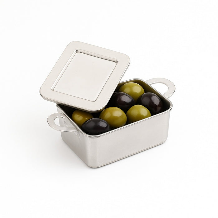 Mini cazuela rectangular plateada con tapa en PS 95x53mm A35mm - 24Uds