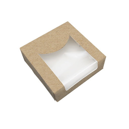 Caja pastelera kraft con tapa visagra con ventana de PLA 120x120mm A50mm - 50Uds