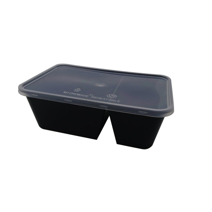 Caja negra rectangular PP con tapa 2 compartimentos 750ml 175x120mm A60mm - 50Uds