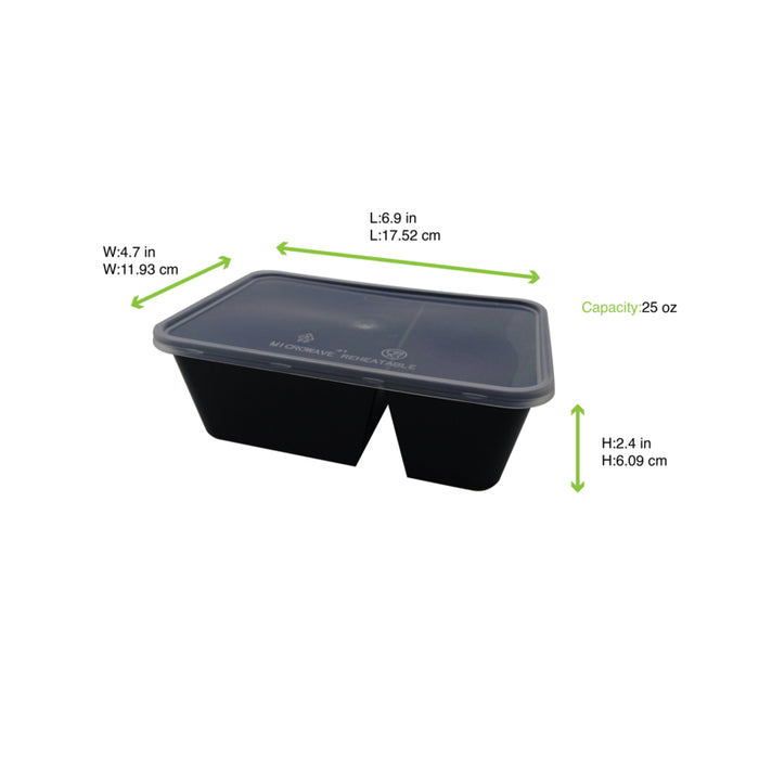 Caja negra rectangular PP con tapa 2 compartimentos 750ml 175x120mm A60mm - 50Uds