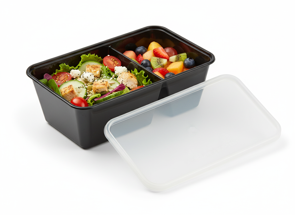 Combo caja negra rectangular PP con tapa 2 compartimentos 750ml 175x120mm A60mm - 50Uds