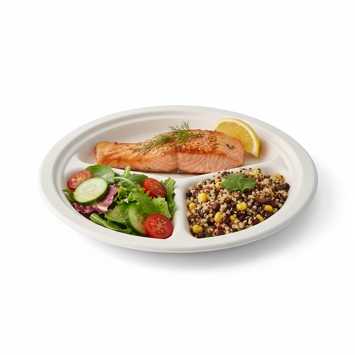 Plato redondo de caña de azúcar blanco con 3 compartimentos Ø262mm A26mm - 50Uds