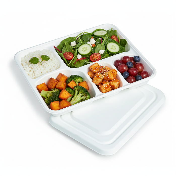 Combo bandeja de pulpa blanca 5 compartimentos con tapa 282x220mm A37,5mm - 50Uds