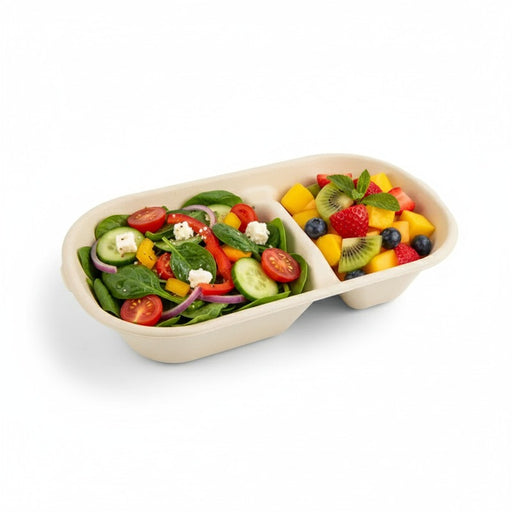 Caja rectangular de fibra de caña de azúcar de 2 compartimentos 825ml 235x130mm A50mm - 50Uds