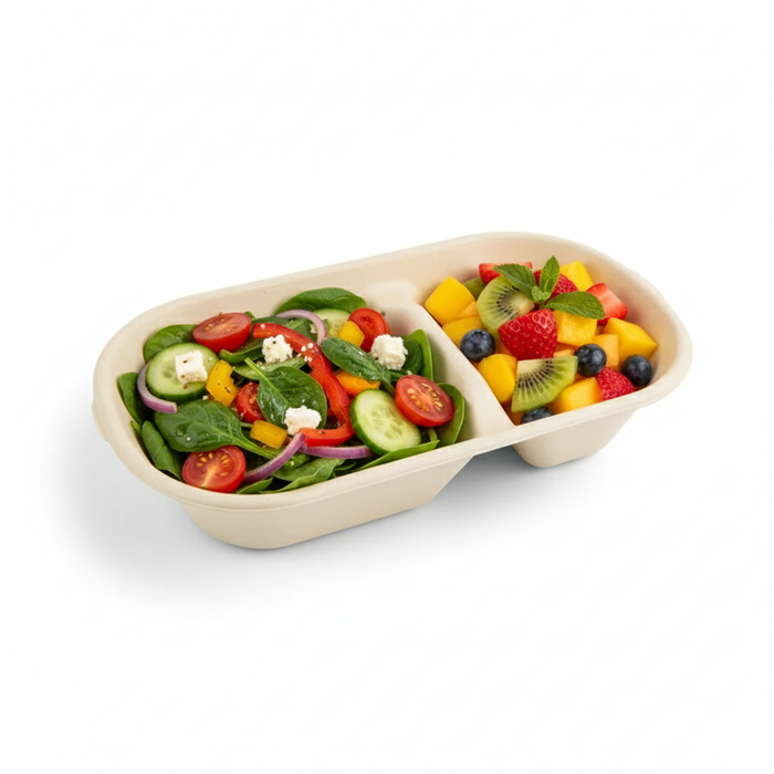 Caja rectangular de fibra de caña de azúcar de 2 compartimentos 825ml 235x130mm A50mm - 50Uds