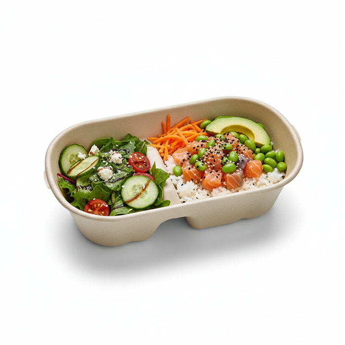 Caja rectangular de fibra de caña de azúcar de 2 compartimentos 1000ml 235x130mm A60mm - 50Uds