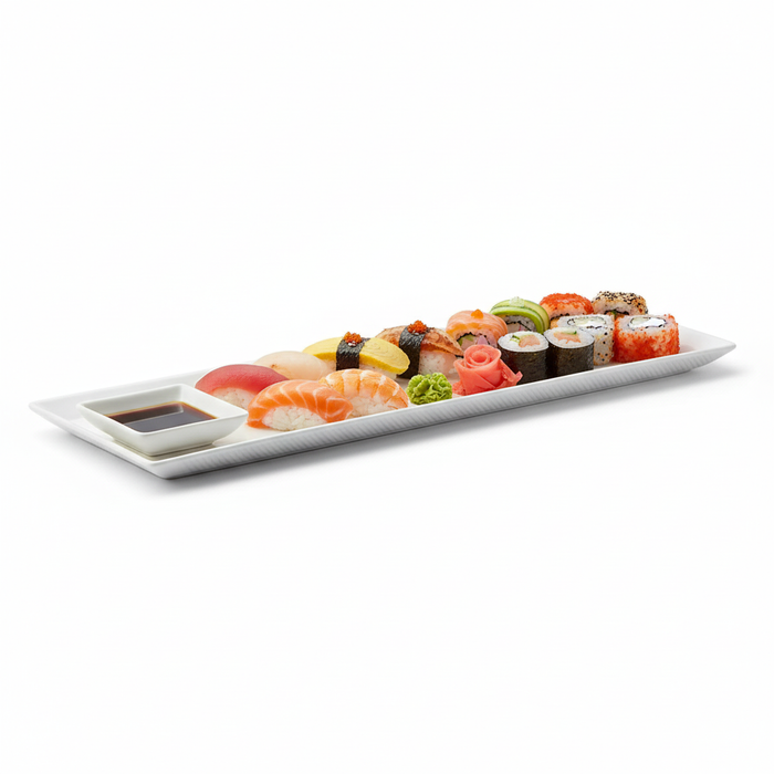 Plato rectangular de pulpa blanco BioNchic 270x90mm - 100Uds