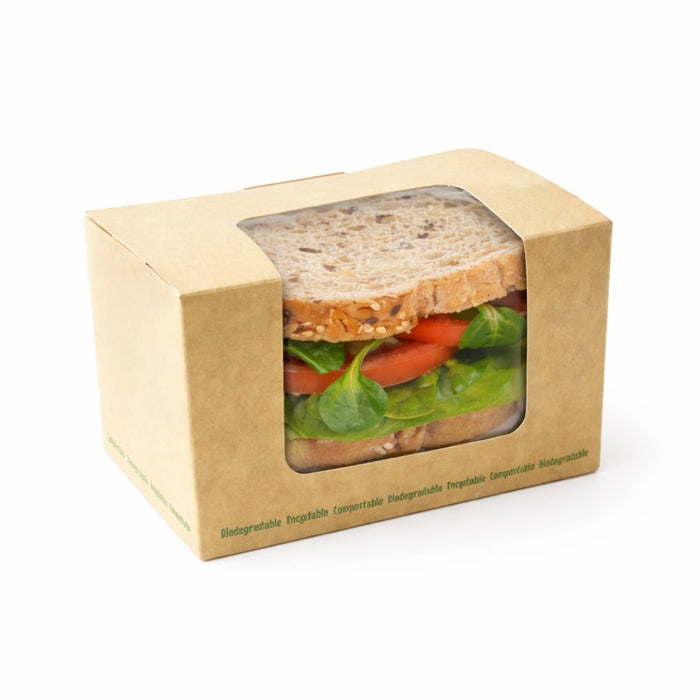 Caja bocadillo cartón kraft laminada con ventana PLA 125x77mm A72mm - 50Uds