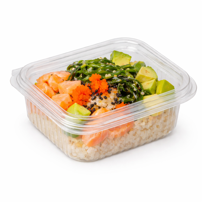 Envase rectangular PLA transparente con tapa bisagra 370ml 126x117mm A56mm - 50Uds