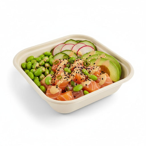 Bandeja de pulpa rectangular laminada PLA marrón 800ml 163x163mm A40mm - 50Uds