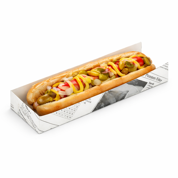 Soporte de cartón para Hot Dog con diseño periódico 180x40mm A19mm - 50Uds