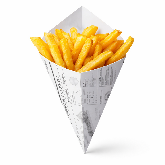 Cono de cartón blanco con diseño periódico 430ml 195x160mm - 125Uds