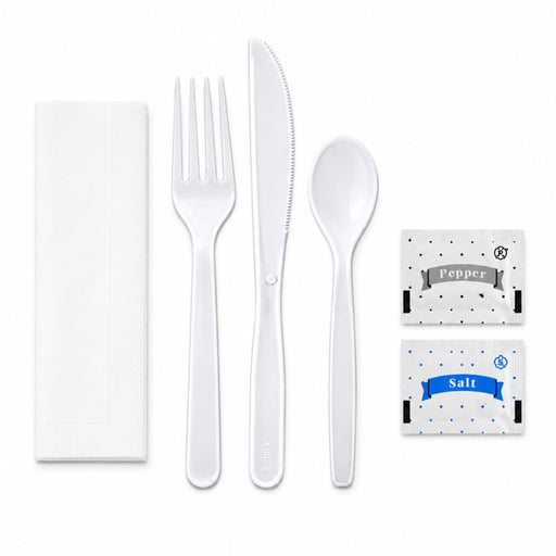 Kit 6/1 cubiertos PS blanco Tenedor, cuchillo, cuchara, servilleta, sal y pimienta - 250Uds