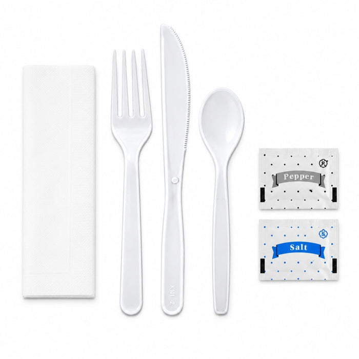 Kit 6/1 cubiertos PS blanco Tenedor, cuchillo, cuchara, servilleta, sal y pimienta - 250Uds