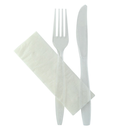 Kit 3/1 cubiertos Transparentes: Cuchillo, tenedor, servilleta 192x45mm - 250Uds