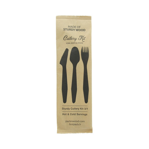 Kit 3/1 cubiertos de madera HERCULES: Cuchillo, tenedor, cuchara, envoltorio kraft A185mm - 50Uds