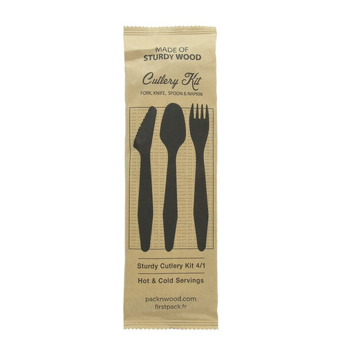 Kit 4/1 cubiertos de madera HERCULES: Cuchillo, tenedor, cuchara y servilleta, envoltorio kraft A185mm - 50Uds