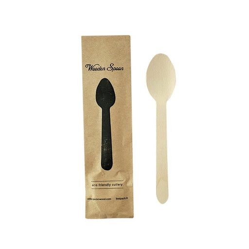 Cuchara de madera con funda de papel kraft A160mm - 50Uds
