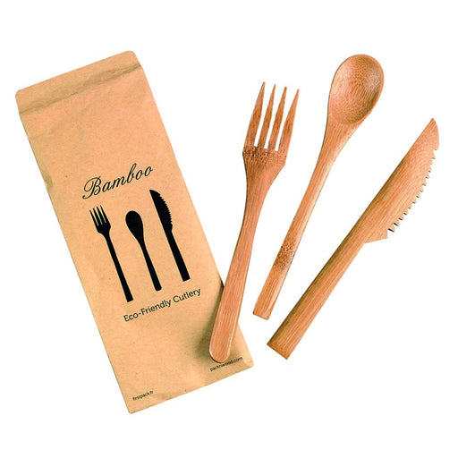 Kit 3/1 cubiertos bambú en paquete kraft. 160mm - 50Uds
