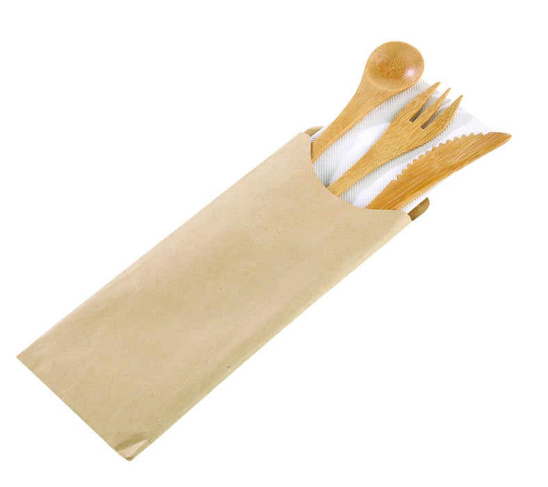 Kit 4/1 cubierto Bambú: Cuchillo, tenedor, cuchara y servilleta, envoltorio kraft A160mm - 50Uds