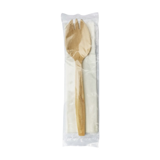 Kit 2/1 cubiertos de madera : de madera: Cuchara-tenedor, servilleta con funda individual A147mm - 250Uds