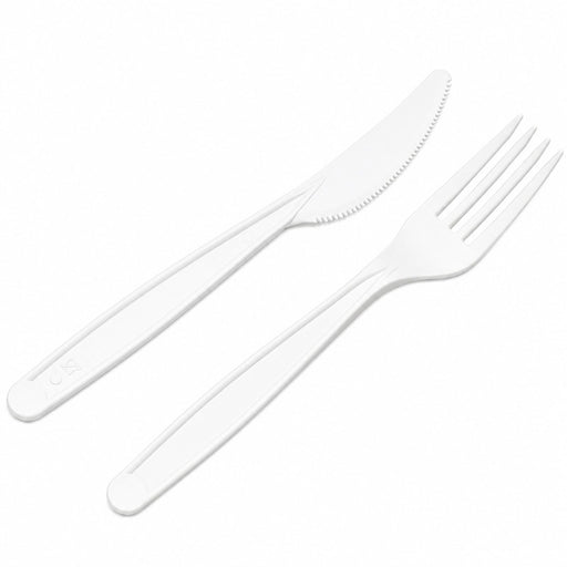 Kit 2/1 cubiertos blancos en CPLA 2/1: Cuchillo y tenedor, envoltorio biodegradabile A180mm - 250Uds