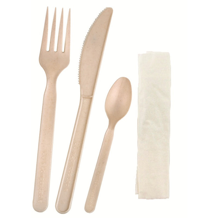 Kit 4/1 cubiertos de bambú y CPLA 4/1: Cuchillo, tenedor, cuchara y servilleta, envoltorio kraft 220x63mm - 50Uds