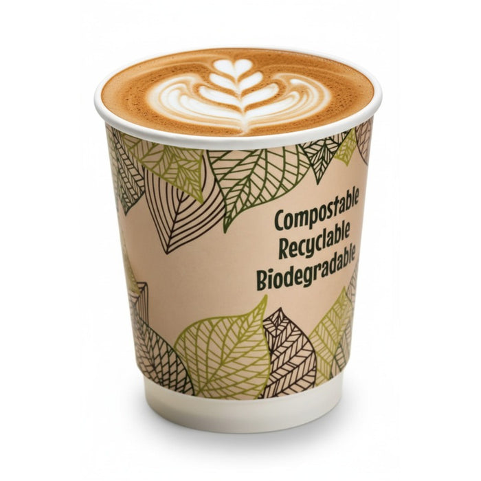 Vaso de cartón kraft con decoración de hojas de doble pared con laminado PLA 230ml A90mm - 25Uds