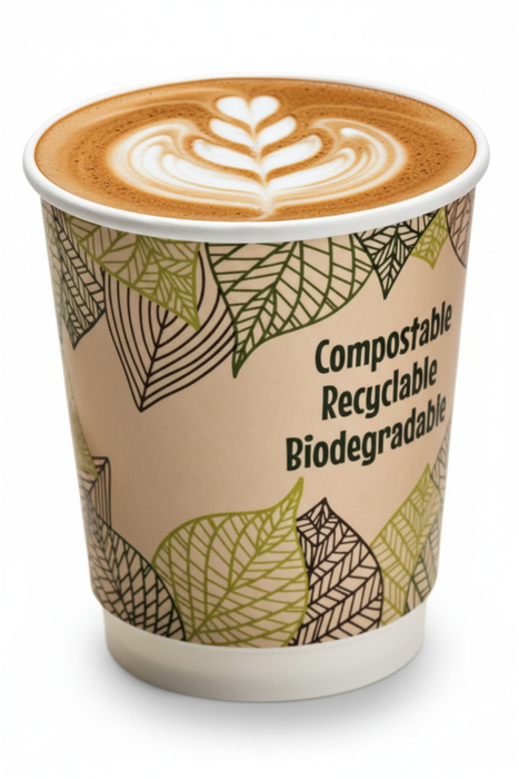 Vaso de cartón kraft con decoración de hojas de doble pared con laminado PLA 230ml A90mm - 25Uds