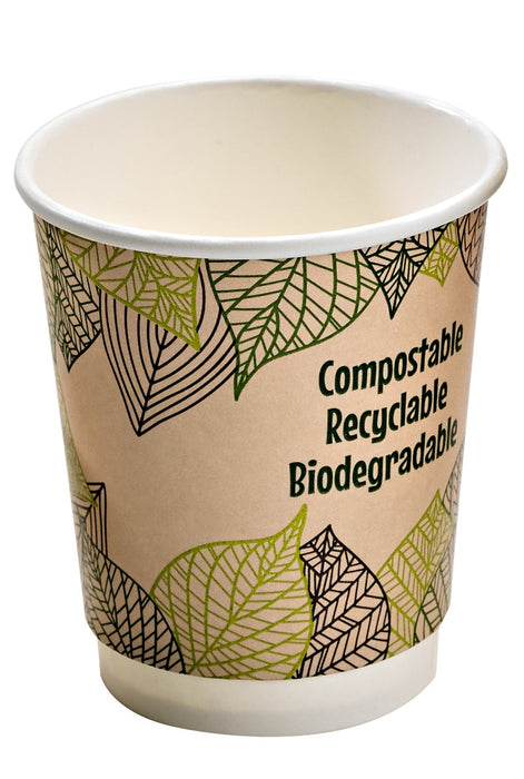 Vaso de cartón kraft con decoración de hojas de doble pared con laminado PLA 230ml A90mm - 25Uds