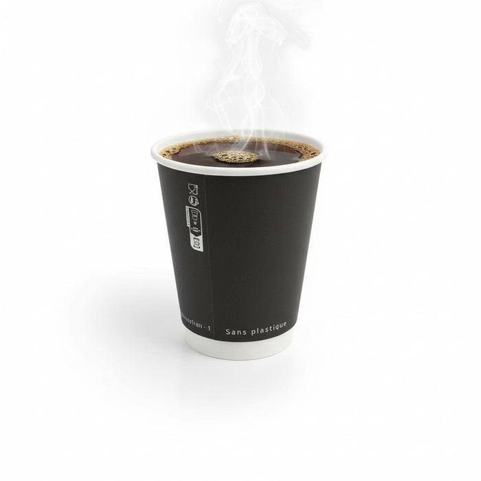Vaso de cartón negro de doble pared sin plástico, Base agua 350ml A110mm - 25Uds