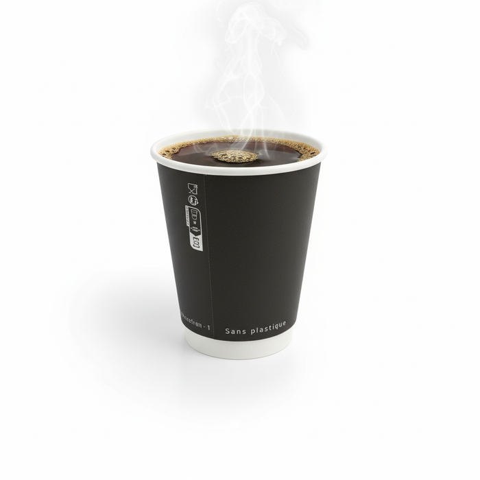 Vaso de cartón negro de doble pared sin plástico, Base agua 350ml A110mm - 25Uds