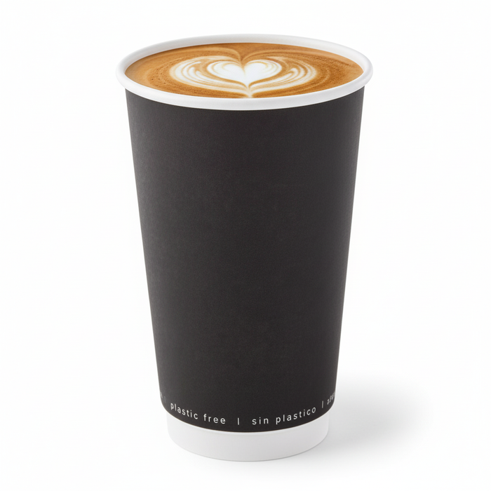 Vaso de cartón negro de doble pared sin plástico, Base agua 460ml A136mm - 25Uds